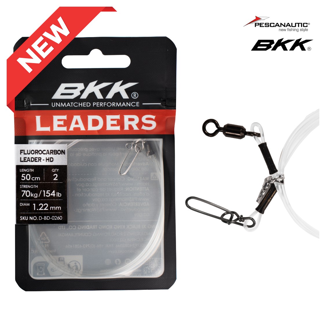 Fluorocarbon leader - HD (Pike Snap)50cm, 65lb  sachet de  2